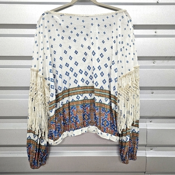 NWT Free People Lyocell Linen Macra Maze Ivory Combo Fringe Blouse - Picture 11 of 12